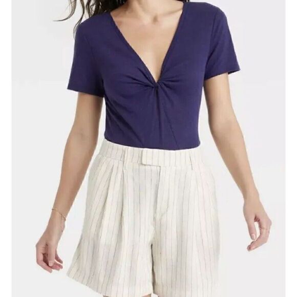 Women's Short Sleeve V-Neck Linen T-Shirt - A New Day Navy Medium. NWT. F - Picture 5 of 7